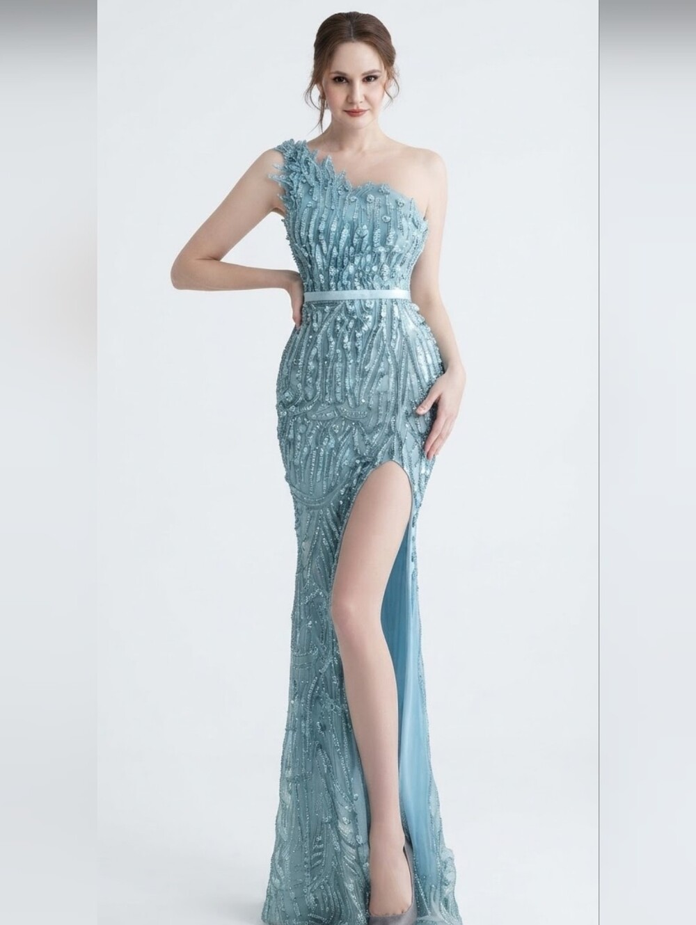 Blue, Geo Print, Assymmetrical Feather, Beaded,Slit Thigh, Sequined Mermaid Gown